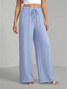 SHEIN Tall Loose Drawstring Waist Trousers In Textured Crinkle Fabric, Tall Women Vacation Lounge Travel Light Blue Autumn Casual - Blue - View 3