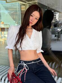 K-Vae Áo kiểu nữ cổ chữ V thêu ren, viền bèo nhún, thời trang. - trắng - Xem 5