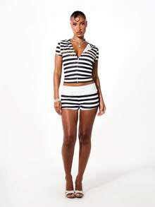 BABYPHAT Striped Zip-Up Cropped Hoodie Top With Short Sleeves And Gold Script Logo Detail - Black and White - View 6