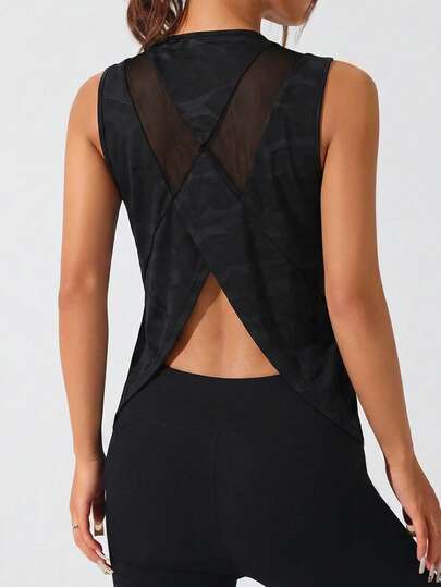 SHEIN Sovereign Charm 女士无袖运动瑜伽户外健身背心，交叉网眼拼接后背，V形下摆