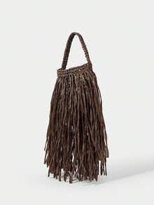 SHECARRY Ladies, Women Top Handle Bags , Fashionable, Simple, Elegant, Versatile, Straw,Tassel,For Beach,Vacation,Holiday,Summer, Seaside - Coffee Brown - View 4