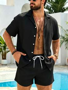 Azuldrift Men's Solid Color Shirt And Shorts Black Summer Casual Tropical Beach Vacation Set Matching Swimwear For Couples Hawaii Outfits Pool Suit - Black - View 5