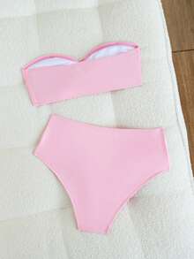 Swim Chiccia 女款夏季海灘純色3D花朵裝飾平口性感比基尼泳衣套裝 - 粉色 - 查看 3