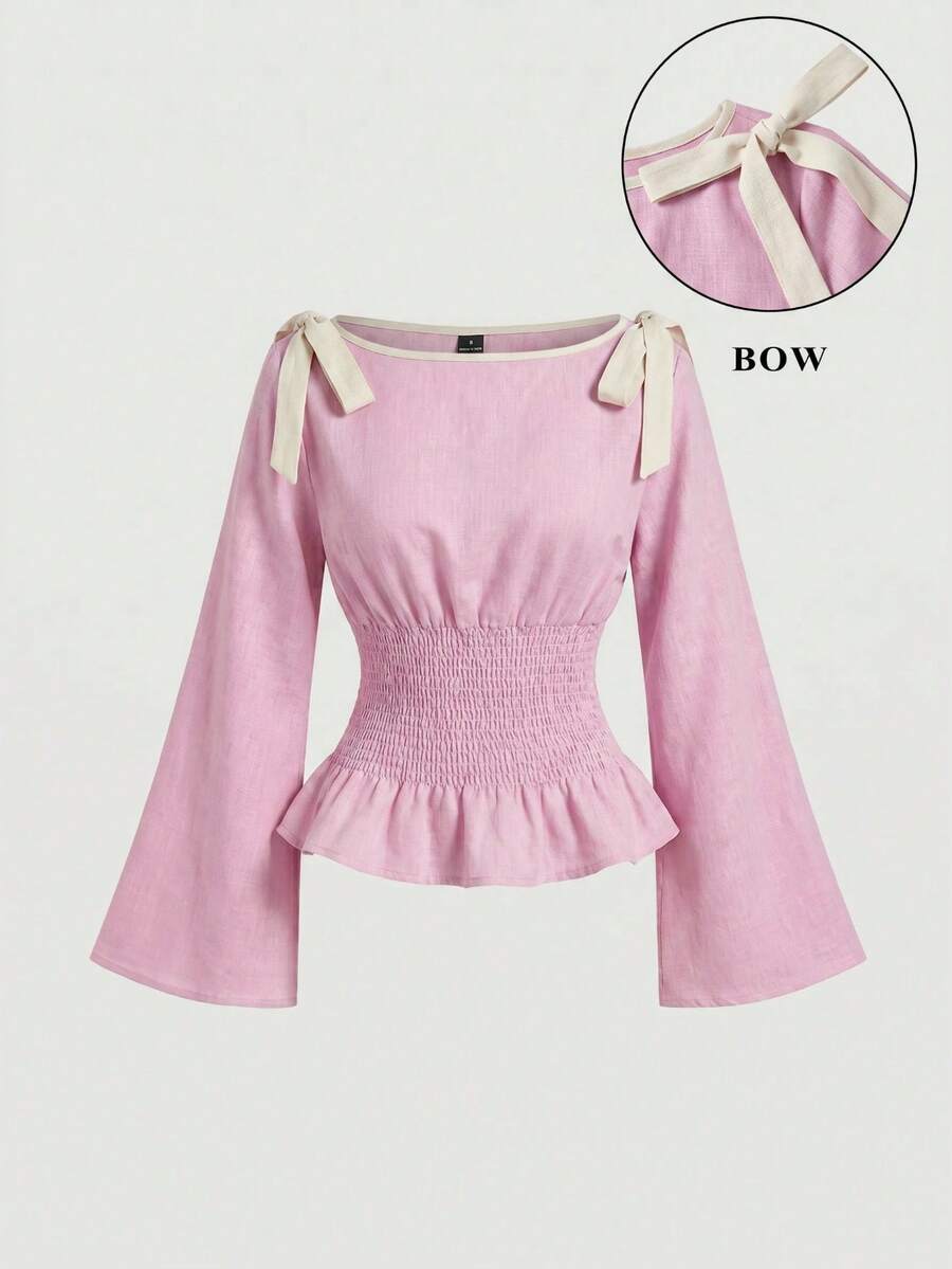 SHEIN MOD 女士撞色领结长袖衬衫 - 粉色 - 查看 1