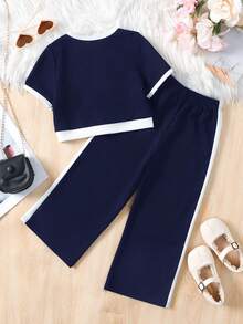LMoss Kids Baby Girl Contrast Color Short Sleeve Button Design T-Shirt And Pants Set, Fashionable Casual - Navy Blue - View 2