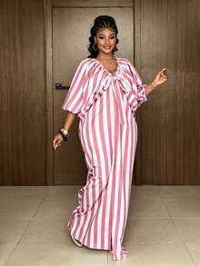 Maweii Plus Size V-Neck Puff Sleeve Bow Striped Vacation Dress Fall - Multicolor - View 3