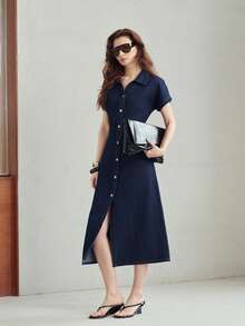 MOTF PREMIUM GAUN DENIM PANJANG PAS BADAN LENGAN SAYAP KELELAWAR UNTUK WANITA MUSIM SEMI/PANAS - Navy Blue - View 4