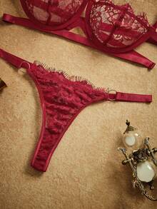 PinupPomp Conjunto de Lingerie Sexy com Sutiã Com Arame e Calcinha de Renda Floral - Vinho - Visão 5