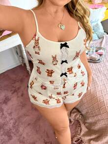 Slumberry CURVE Conjunto de pijama cómodo de camiseta y pantalones cortos de punto acanalado con estampado de oso y conejo lindo y sexy, talla grande - Multicolor - Ver 5