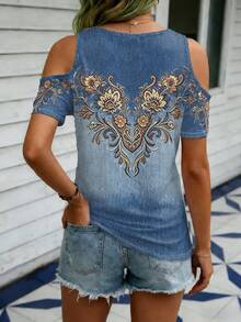 EMERY ROSE Floral Print Casual V-Neck Off-Shoulder Short Sleeve T-Shirt - Multicolor - View 2