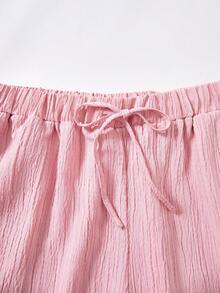 Rusticease Plus Size Women Summer Casual Vacation Daily Commute Solid Color Textured Fabric Drawstring Waist Shorts Outfit For Beach Date Night Brunch - Multicolor - View 5