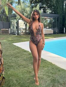 Ronhire Leopard Print Plunge Neck Sexy Backless Swimsuit, Festival Boho For Summer Beach Vacation - Multicolor - View 7