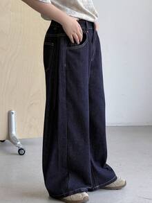 DAZY Quần jeans dài dáng suông, túi xéo, màu denim tối, thời trang dành cho bé trai tuổi teen. - Màu xanh hải quân - Xem 8