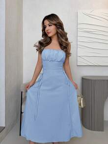 Vestido de mujer con tirantes en X de un solo color - Burdeos - Ver 5