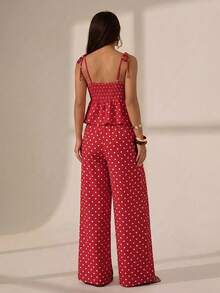 SHEIN PETITE 女款休閒黑色波點印花細肩帶背心與長褲兩件套，可愛夏季情人節穿搭，適合小個女款 - 紅色 - 查看 3