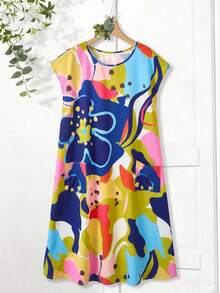 Rusticease Vestido de cuello redondo con estampado colorido de talla grande - Multicolor - Ver 7