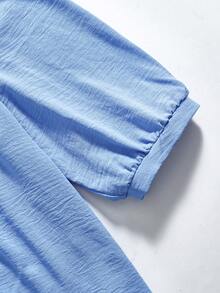 Rusticease Blus Ukuran Besar Warna Biru dengan Kerah Tegak dan Lengan 3/4, Elegan untuk Kantor, Musim Gugur/Musim Dingin 2026 - Biru - View 6