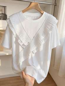 Resyla Lace Trim Decor Fashionable Minimalist Plus Size Women Long Dropped Shoulder Round Neck T-Shirt, Gift For Friend - White - View 1