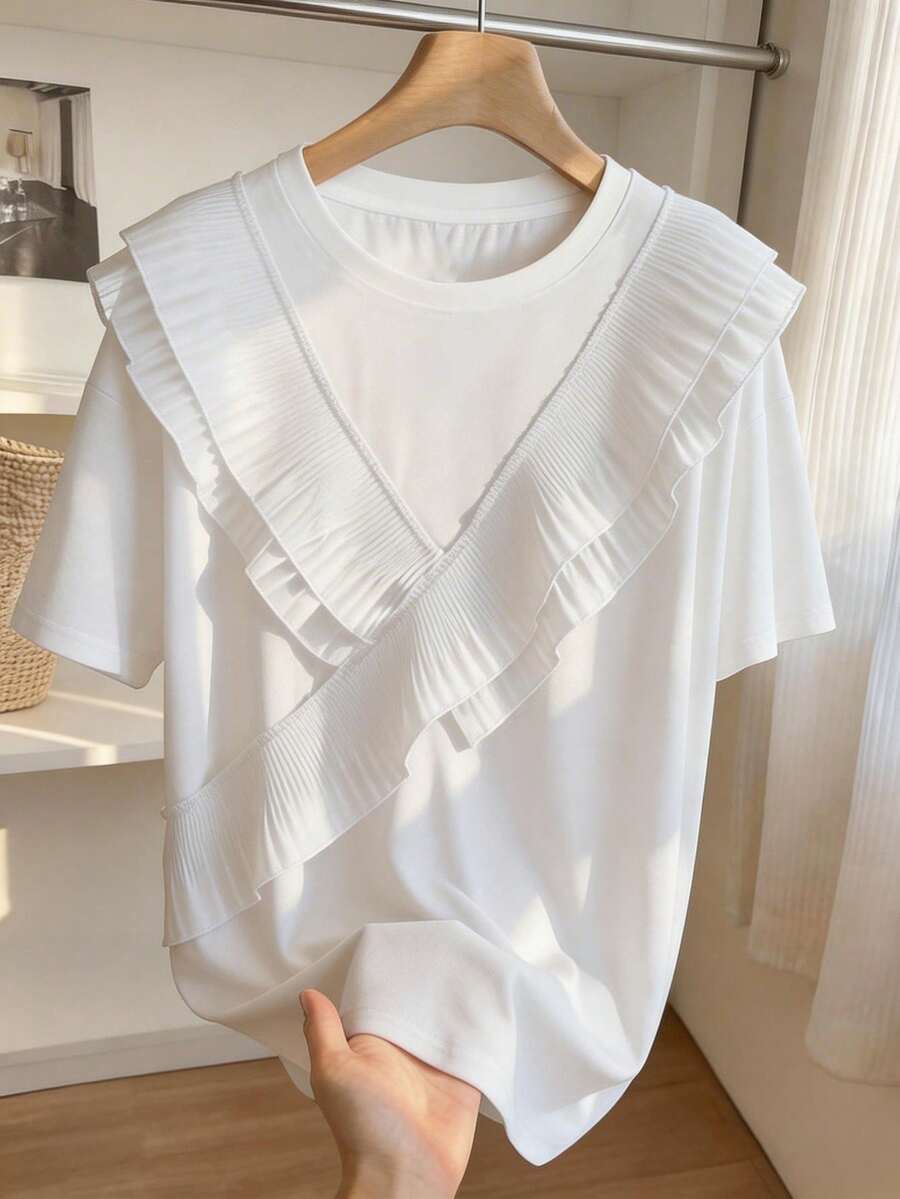 Resyla Lace Trim Decor Fashionable Minimalist Plus Size Women Long Dropped Shoulder Round Neck T-Shirt, Gift For Friend - White - View 1