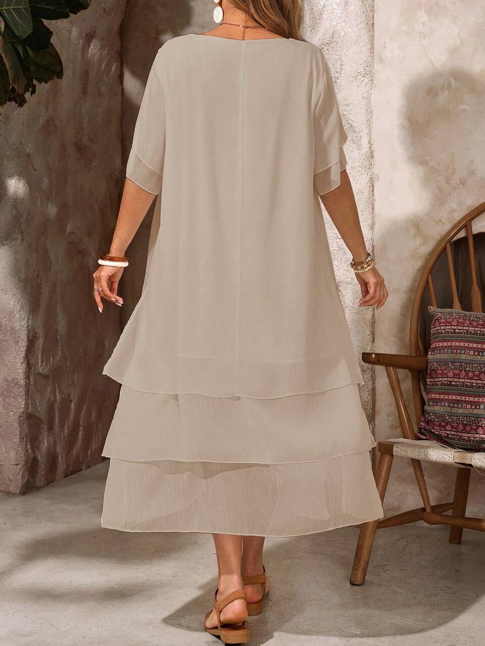 Plus Size Casual Dress, White Round Neck Sleeveless Asymmetrical Flowing Hem, Bohemian Style, Suitable For Spring & Summer