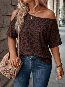 Casual Vintage Leopard Print Off-Shoulder Loose T-Shirt, Plus Size - Multicolor - View 1