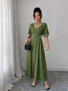 Selianne 女士新款春夏设计杏色撞色黑色V领荷叶袖撞色系带腰身宽松撞色腰带A字开衩休闲度假优雅高品质长裙 - 軍綠色 - 查看 6