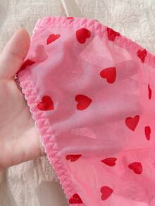 CottageSlumber 2 piezas Conjunto de lencería con estampado de corazón y parches de encaje romántico, fresco y lindo - Rosa - Ver 7
