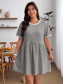 Enliva Plus Size Women's Striped Loose Short Sleeve Casual Dress, Suitable For Daily Casual And Commuting Wear, For Apple And Rounded Body Shape - Multicolor - View 5