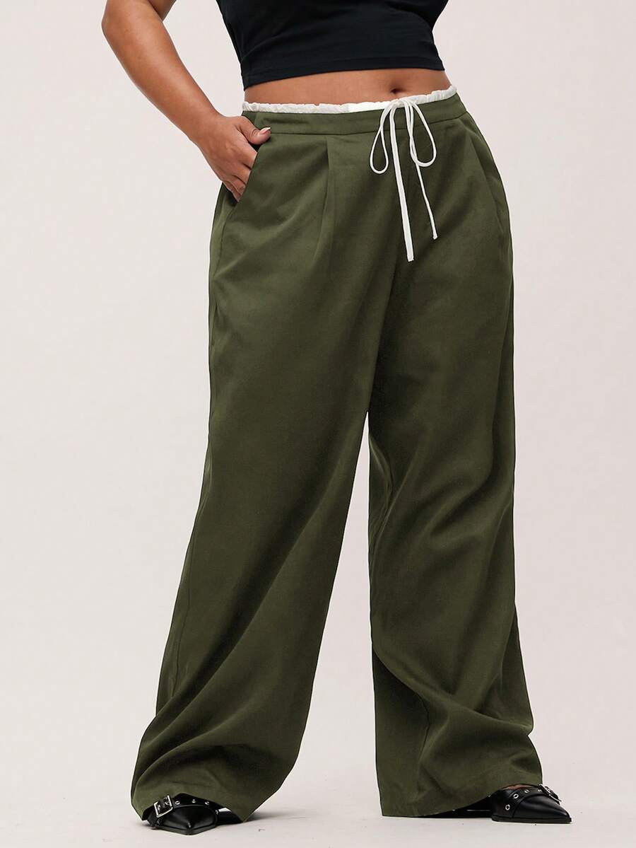 SHEIN BASICS Plus Size Casual Contrast Color Woven Wide Leg Pants With Pockets Fall - Army Green - View 1