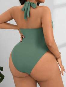 SHEIN PETITE CURVE Women's Plus Size Draped Front Backless Halter Bodysuit - Olive Green - View 2