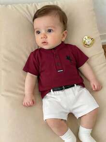 Newborn Baby Boy Cute Collegiate Style Knit Red Short Sleeve Top And Elastic Waist Shorts Set - Burgundy - View 1