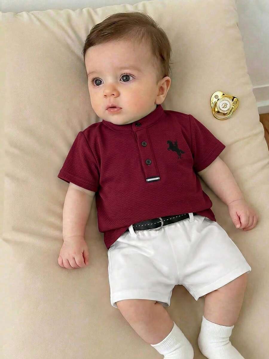 Newborn Baby Boy Cute Collegiate Style Knit Red Short Sleeve Top And Elastic Waist Shorts Set - Burgundy - View 1