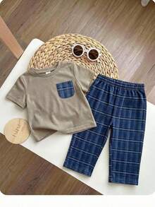 SHEIN Baby Jungen Karohemd mit Tasche & Karoshorts 2 Stücke Set, Lässig & Bequem - Hellgrau - Übersicht 7
