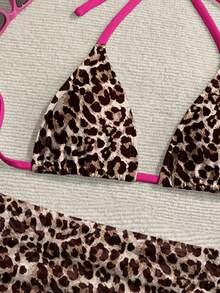 Conjunto de bikini con estampado floral, top con lazo en el cuello y falda pareo, estilo vacacional de playa para mujer - Multicolor 21 - Ver 4
