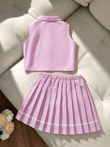 Sparklyn Tween Girl Striped Print Sleeveless Shirt Paired With Plaid Pleated Skirt - Pink - View 2