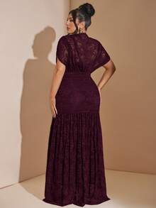 SHEIN BAE Plus Size Women Dark Purple Lace Dress Formal Wedding Winter Elegant - Red Violet - View 4