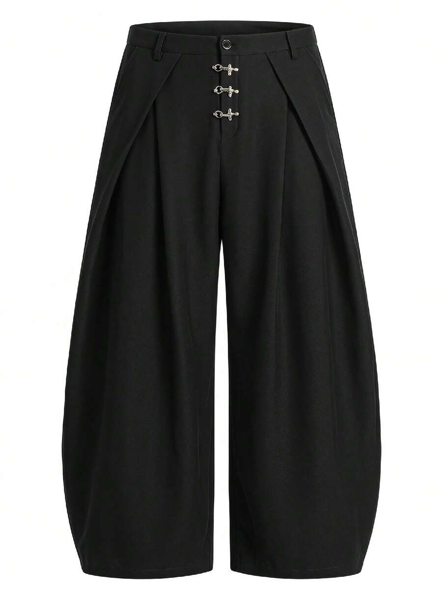 ESTAVOR Men's Solid Color Metal Decor Pleated Slant Pocket Casual Wide Leg Pants - smoke gray - View 1