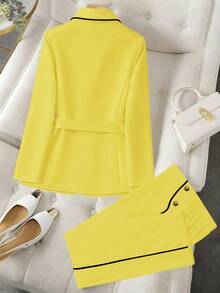 GlowEve CURVE Plus Size Women Patchwork Elegant Blazer + Straight Leg Pants, Commuting Outfit - Yellow - View 2