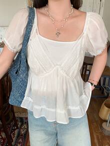 Dazy Plus Plus Size Women's Solid Color Lace Patchwork Deep V-Neck Sexy Minimalist Short Sleeve Crop Top, Spring/Summer - White - View 6