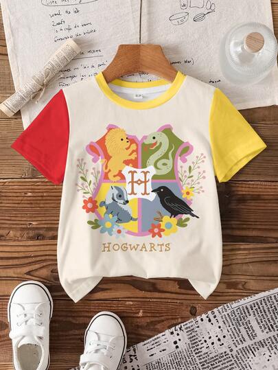HARRY POTTER X SHEIN Áo thun phối màu in toàn thân cho bé trai, thích hợp mặc mùa hè.