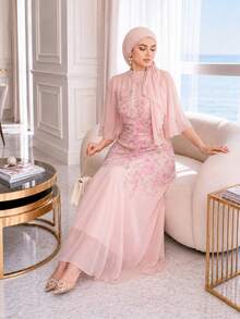Auveirra Plus Size Women Elegant Floral Print Tie Neck Dress Sundress Pink - Pink - View 8