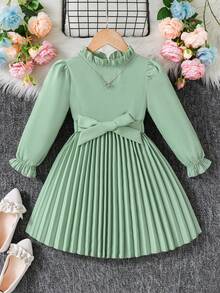 Elladie kids Cô Gái Trẻ Lá sen tỉa tay áo lá sen Váy có thắt lưng - Màu xanh Bạc hà - Xem 1
