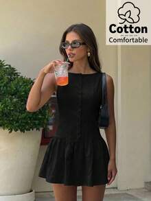 Aloruh Light Yellow Sleeveless Mini Dress, Elegant Business Casual Short Dress, Solid Color Dress - Black - View 1