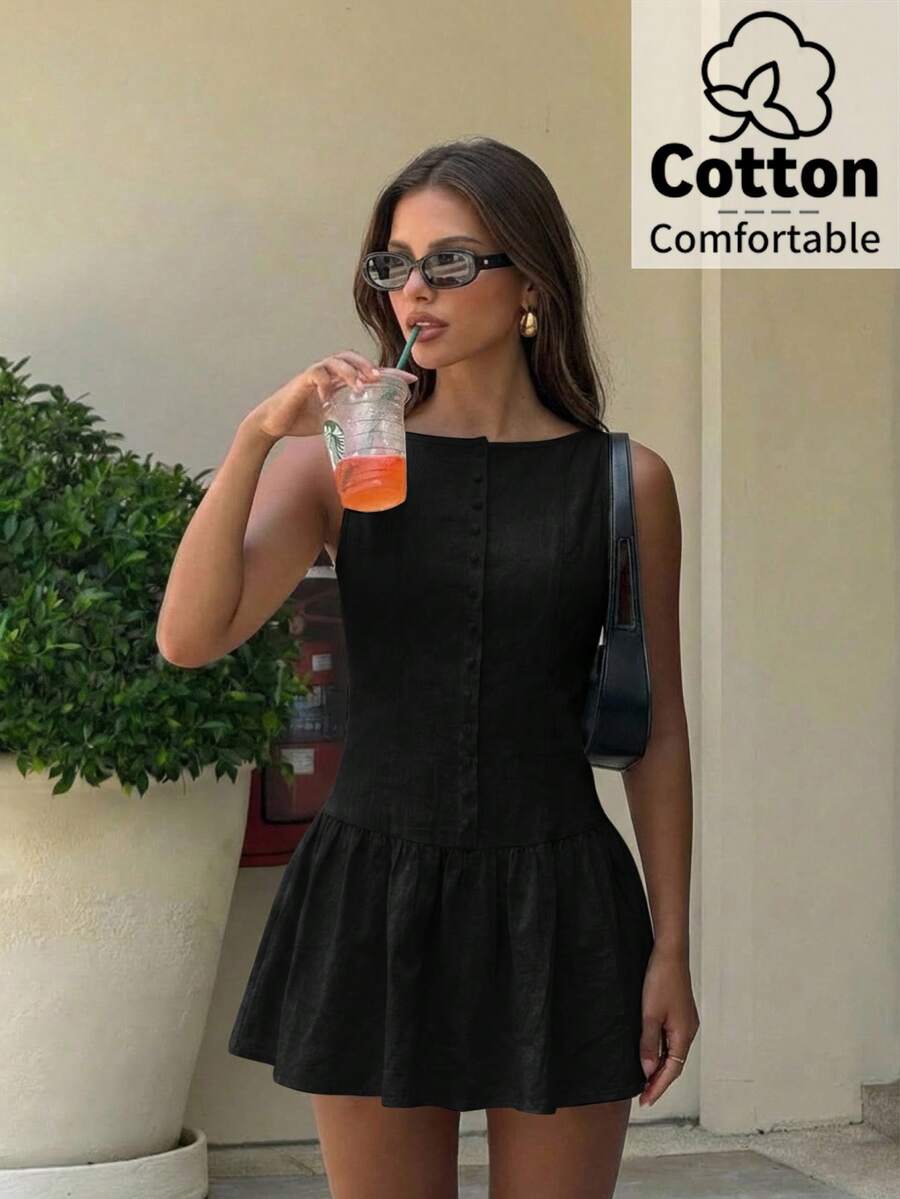 Aloruh Light Yellow Sleeveless Mini Dress, Elegant Business Casual Short Dress, Solid Color Dress - Black - View 1