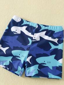 SHEIN Unisex Baby 3pcs/Set Blue Cute Shark Pattern Long Sleeve Rash Guard Swimsuit And Sun Protection Hat Set, Suitable For Beach, Swimming, Vacation Summer - Multicolor - View 3