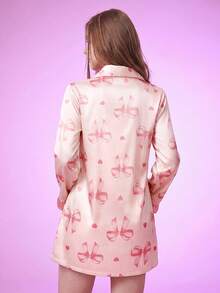 Notgurli Faux Silk Bow Print Collared Sleep Dress, Luxe Loungewear, Moo Moo, Fall, Winter - Pink - View 2