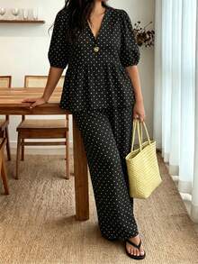Enliva Plus Size Women's Polka Dot Ruffle Puff Sleeve 2 Piece Set, V-Neck Top With Elastic Waist Pants, Suitable For Apple And Curvy Figures - Multicolor - View 4