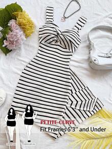 SHEIN PETITE CURVE 大码女士休闲条纹中长连衣裙，夏季套装，女士无袖条纹中长连衣裙，条纹连衣裙，夏季连衣裙，前扭结 - 黑與白 - 查看 3