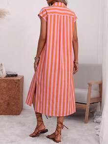 Louniche Loose Fit Collared Button-Front Striped Pleated Short Sleeve Midi Shirt Dress, Pink And Orange Base With Stripes, Elegant Tropical Beach Holiday - Multicolor - View 2