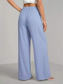 SHEIN Tall Loose Drawstring Waist Trousers In Textured Crinkle Fabric, Tall Women Vacation Lounge Travel Light Blue Autumn Casual - Blue - View 2